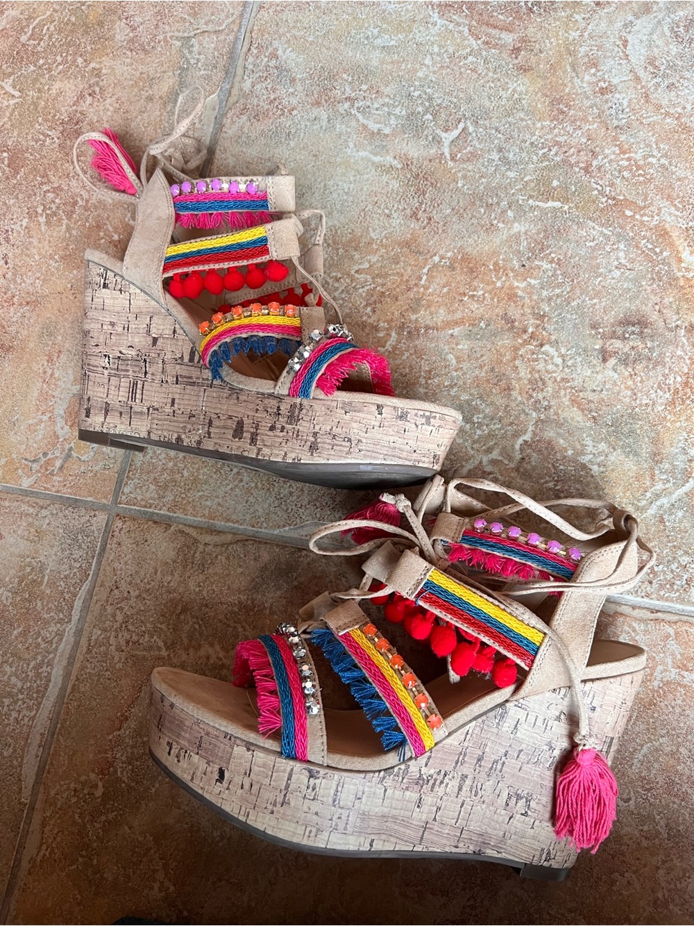 Charlotte Russe Multicolor Fringe & Pom Pom Cork Wedge Sandals